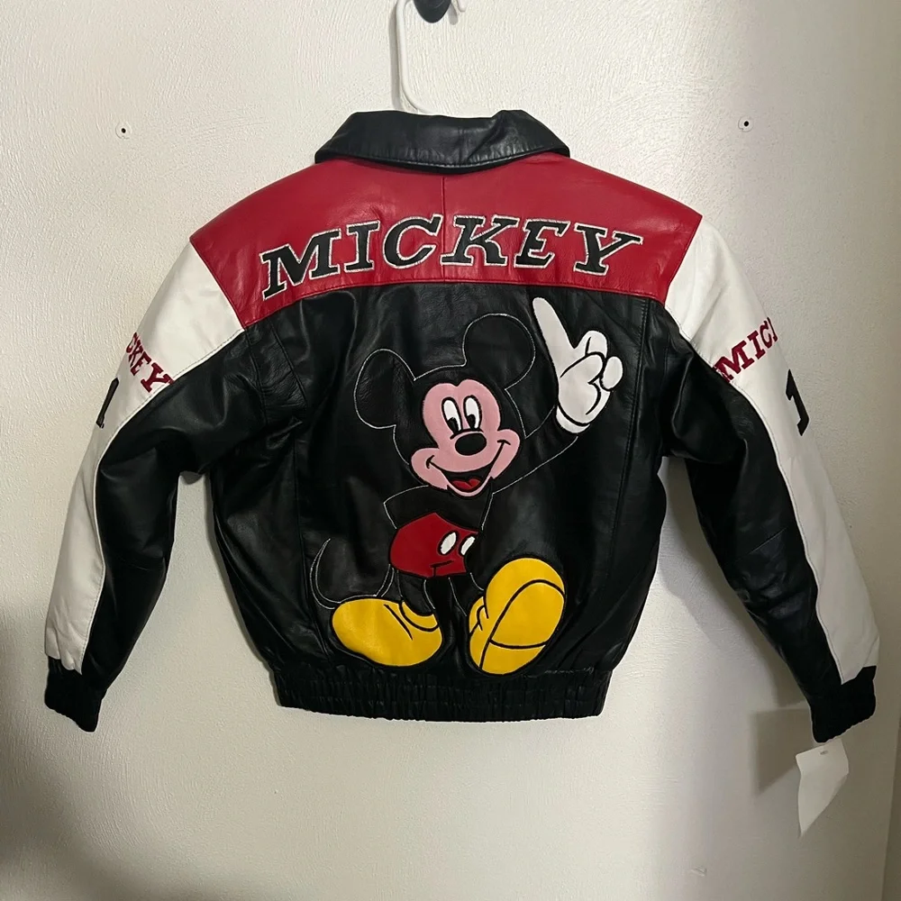 DISNEY Vintage 100% Genuine Leather Mickey‎ Mouse Jacket Embroidered Kids Sz 8
